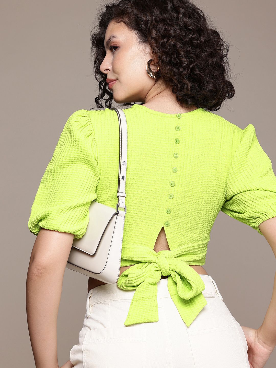Freehand by The Indian Garage Co Women Regular Fit Textured Designer Back  Tie Up Top