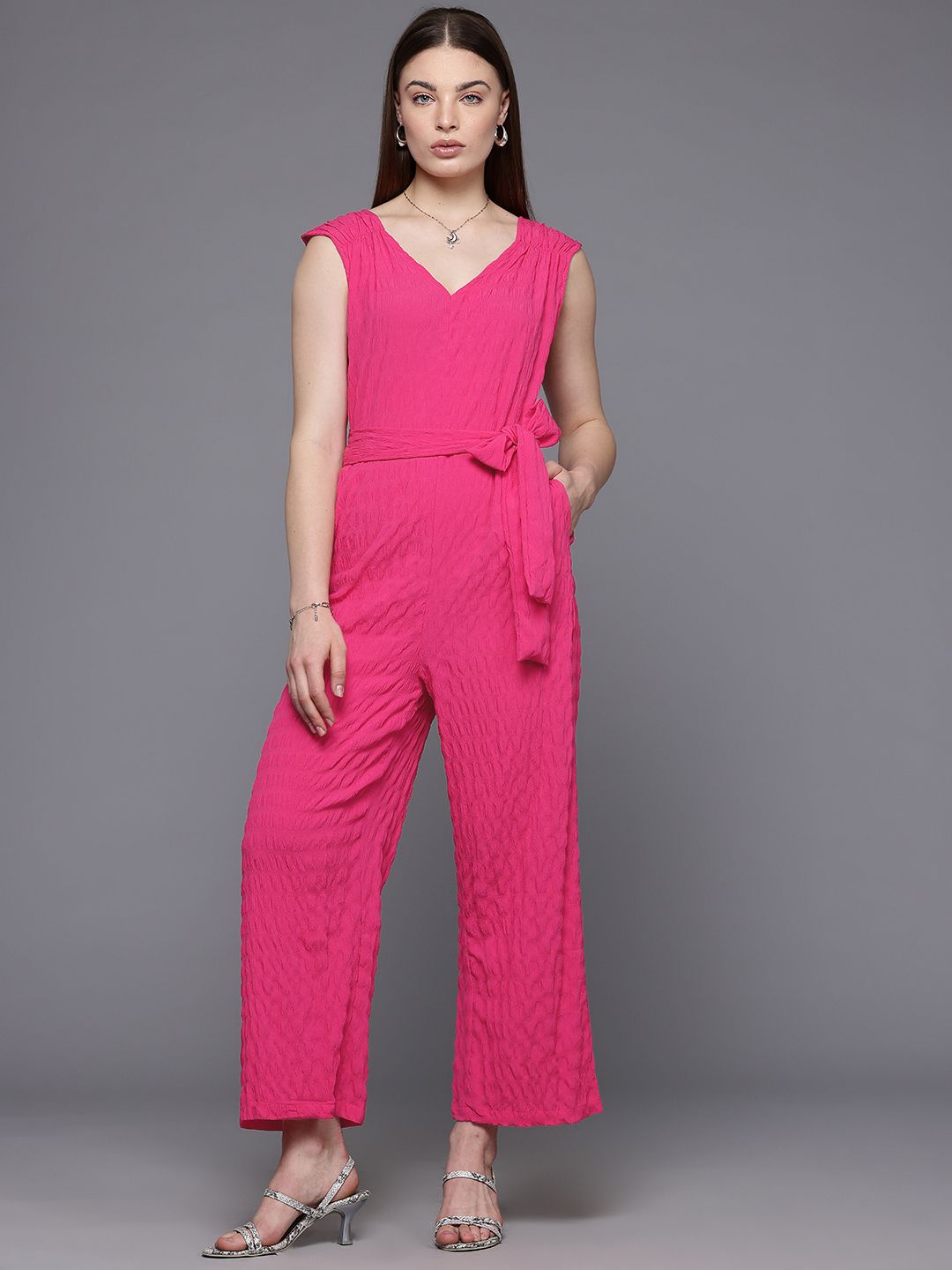 Freehand Women Regular Fit Textured Ruched Jumpsuit