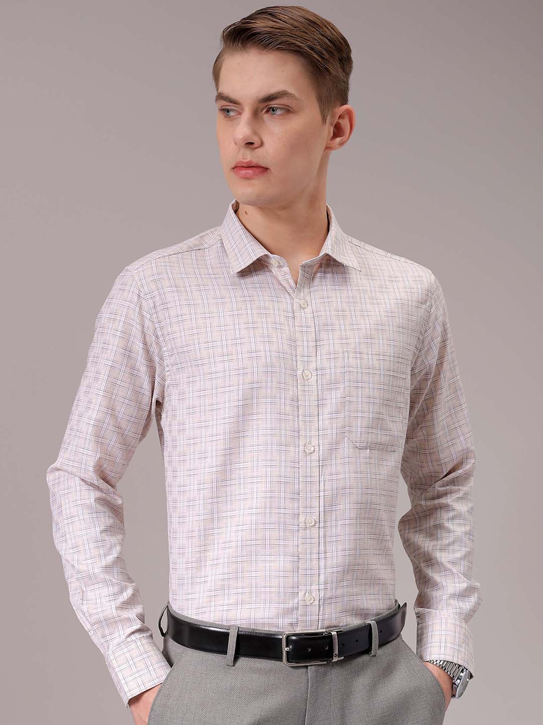 Men's Beige Slim Fit Checked Formal Shirt