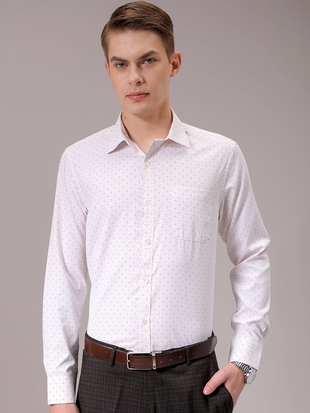 Men's Beige Slim Fit Ditsy Formal Shirt