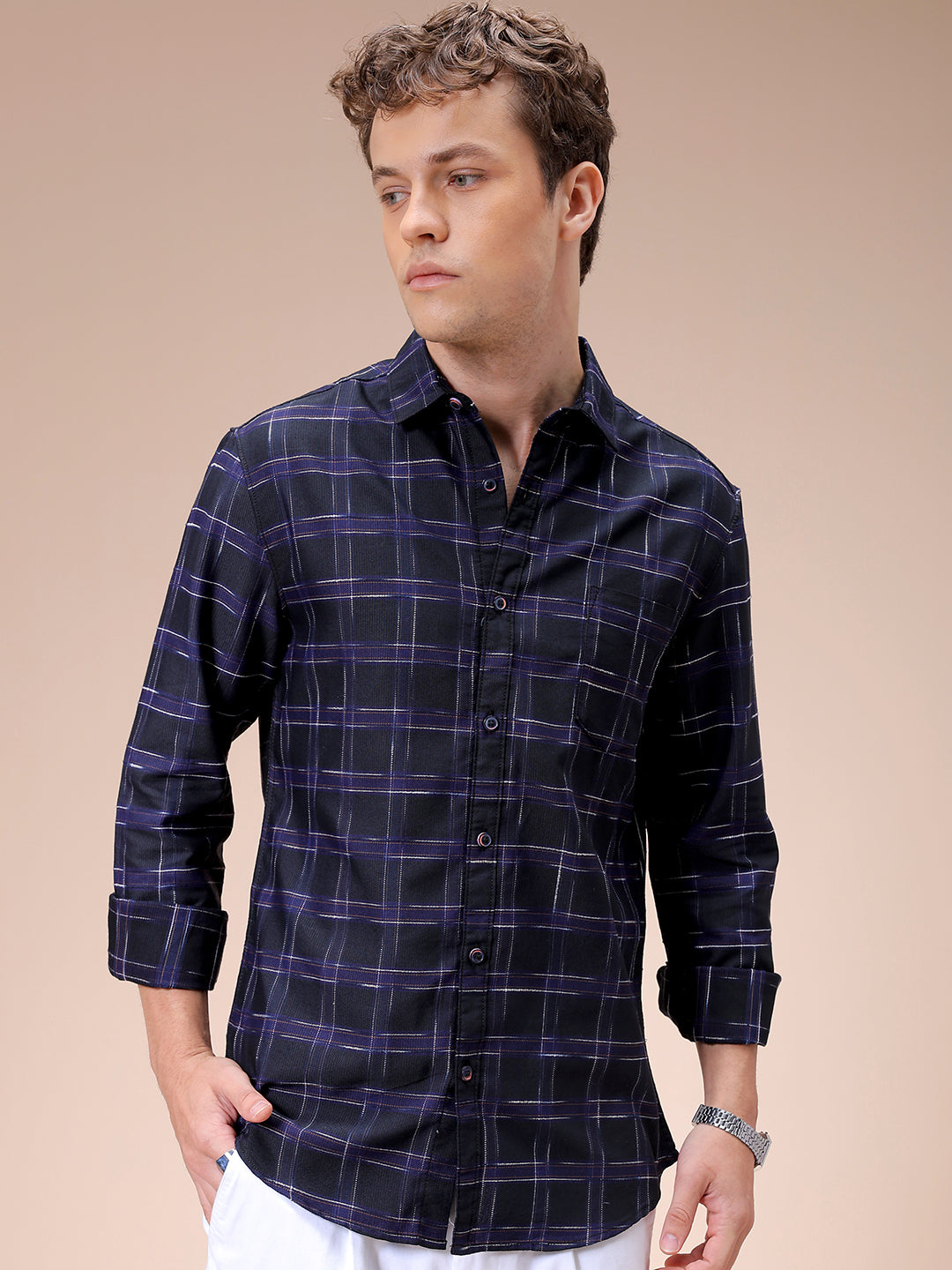 Men's Purple Slim Fit Checked Casual Shirt