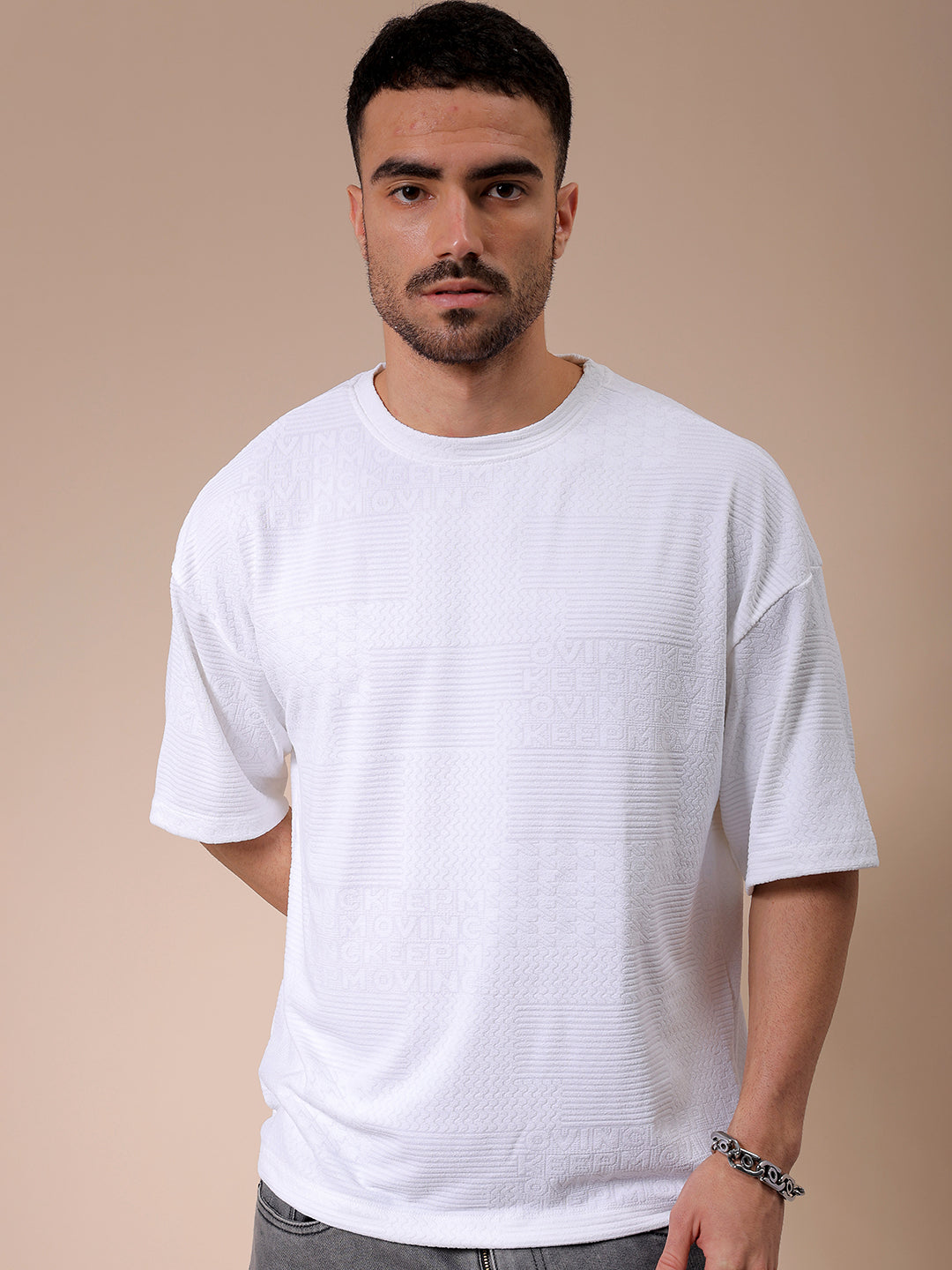 Men's White Oversized Self Design T-Shirt