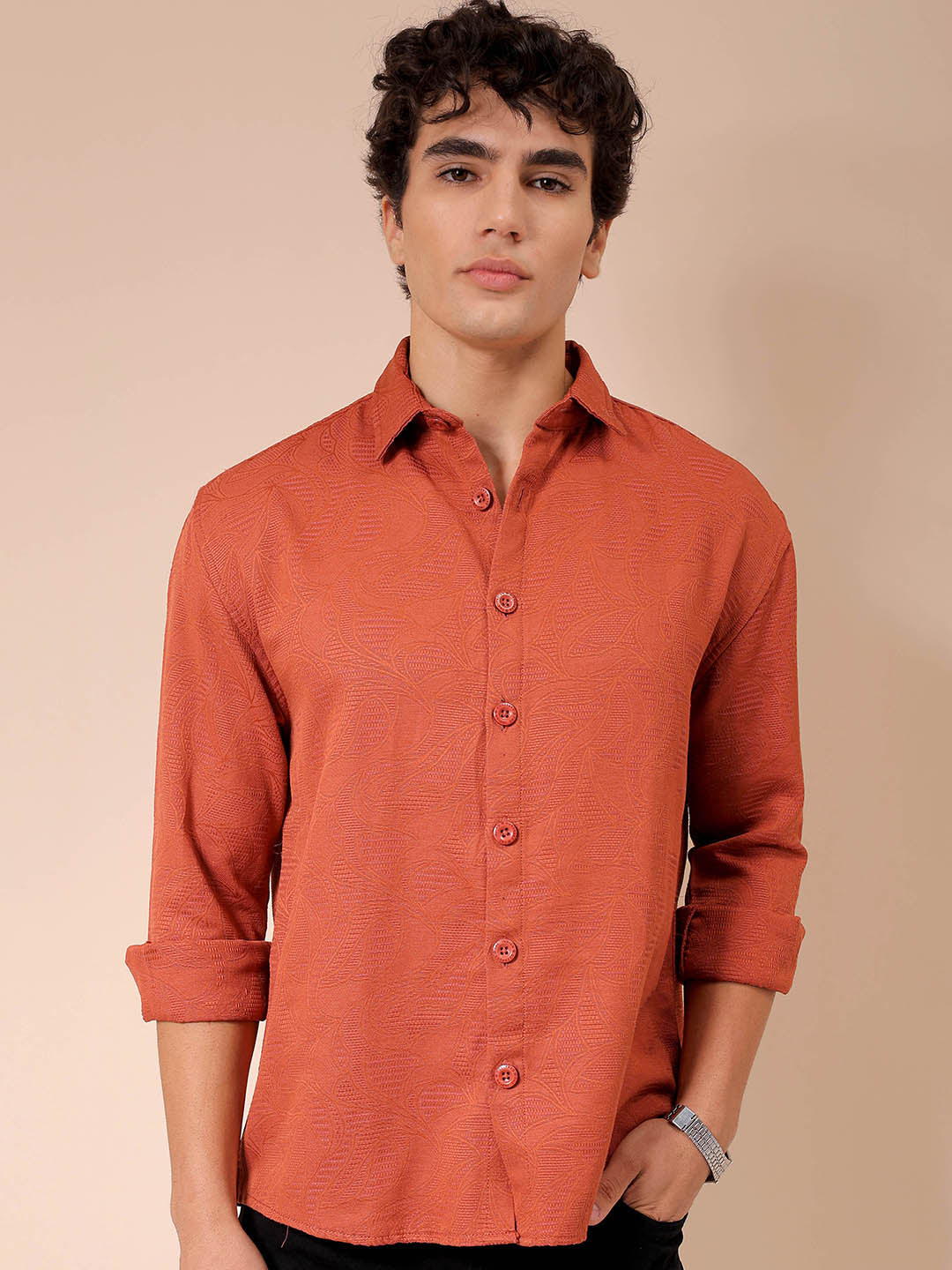 Men's Rust Relaxed Fit Solid Resortwear Textured Shirt