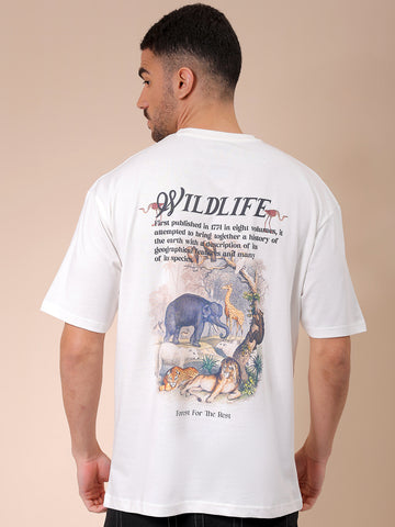 Men's White Boxy Oversized Graphic Back Printed Round Neck T-shirt
