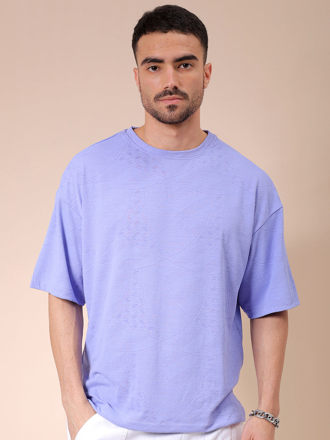 Men's Lavender Oversized Self Design T-Shirt