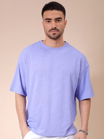 Men's Lavender Oversized Self Design Round Neck T-shirt