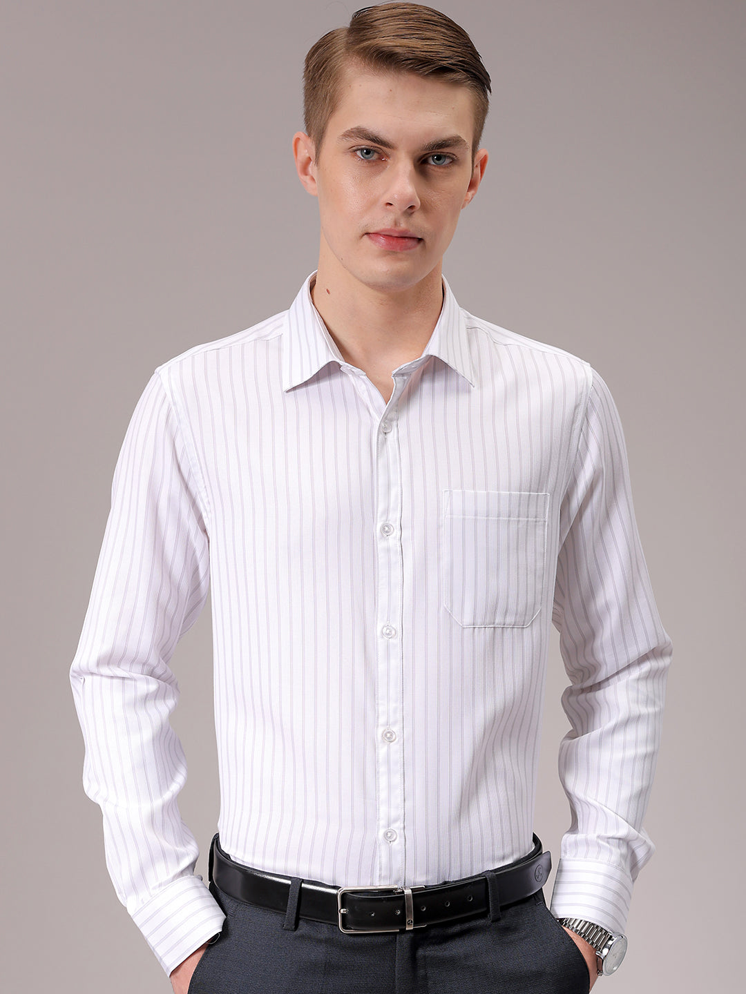 Men's Grey Slim Fit Striped Formal Shirt