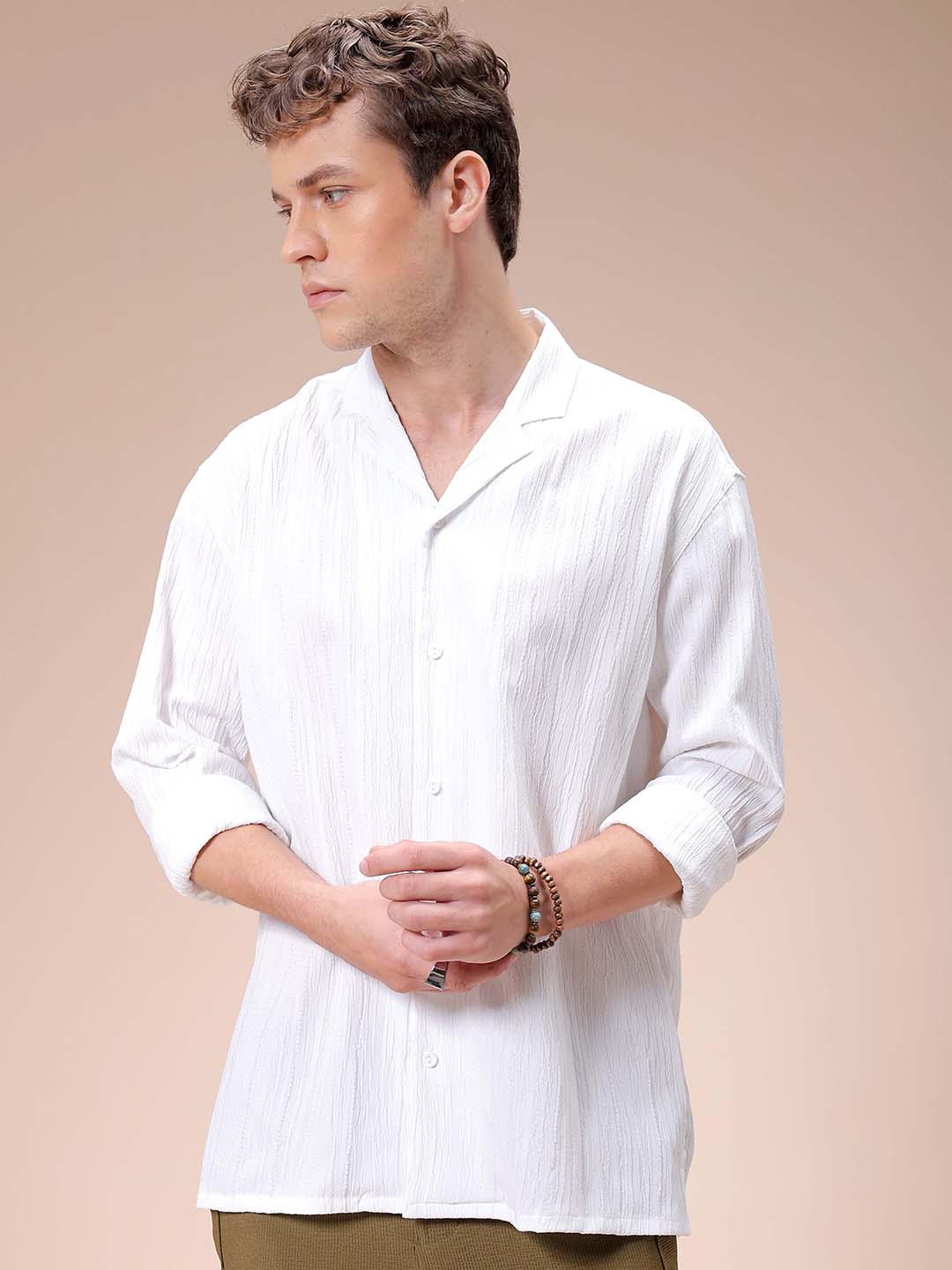 Men's White Relaxed Fit Textured Resortwear Shirt