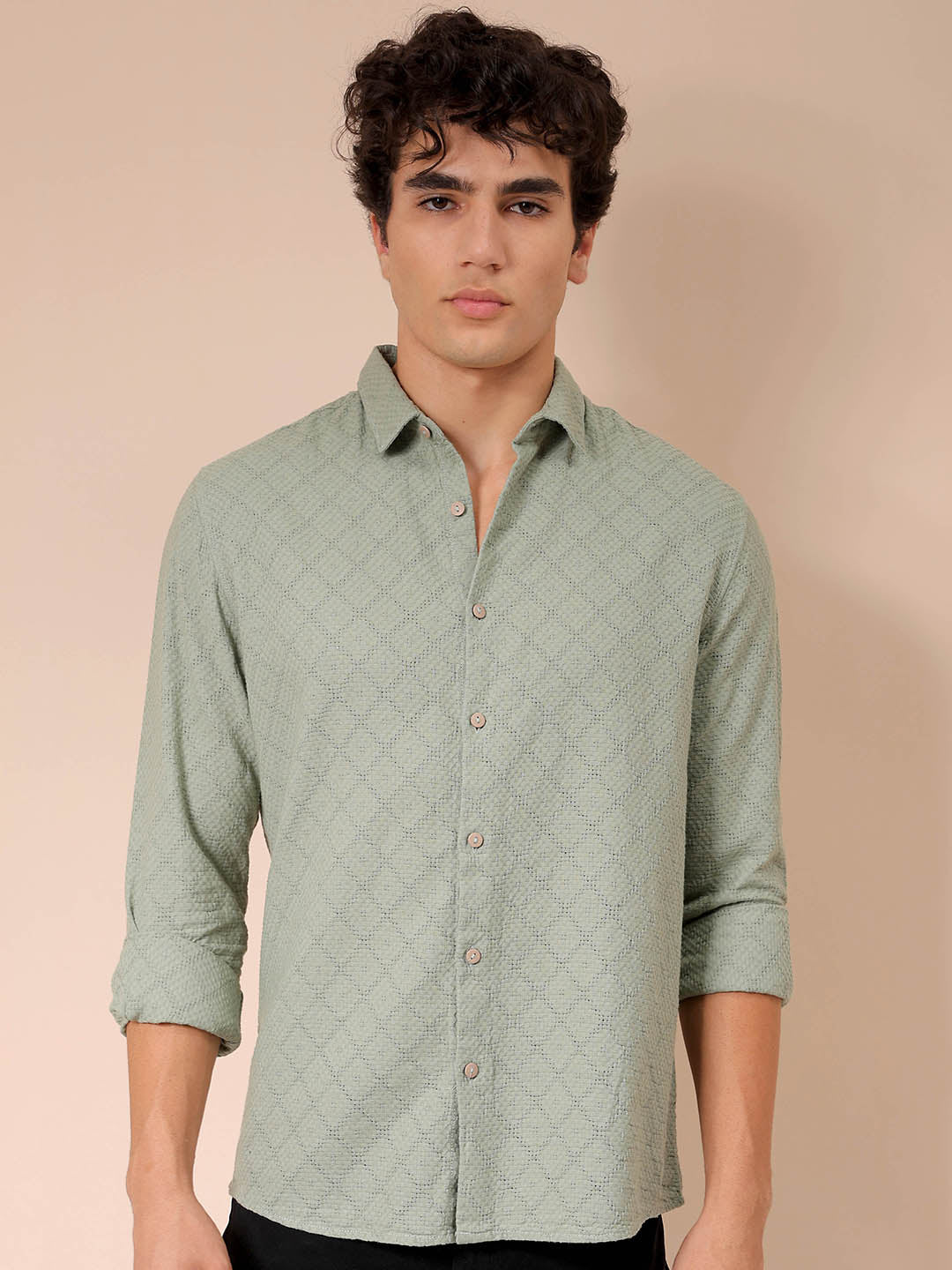 Men's Green Regular Fit Textured Resortwear Shirt