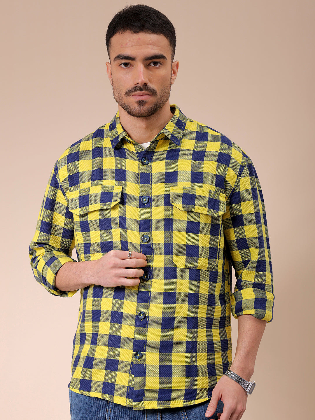 Men's Yellow Relaxed Fit Checked Resortwear Textured Shirt