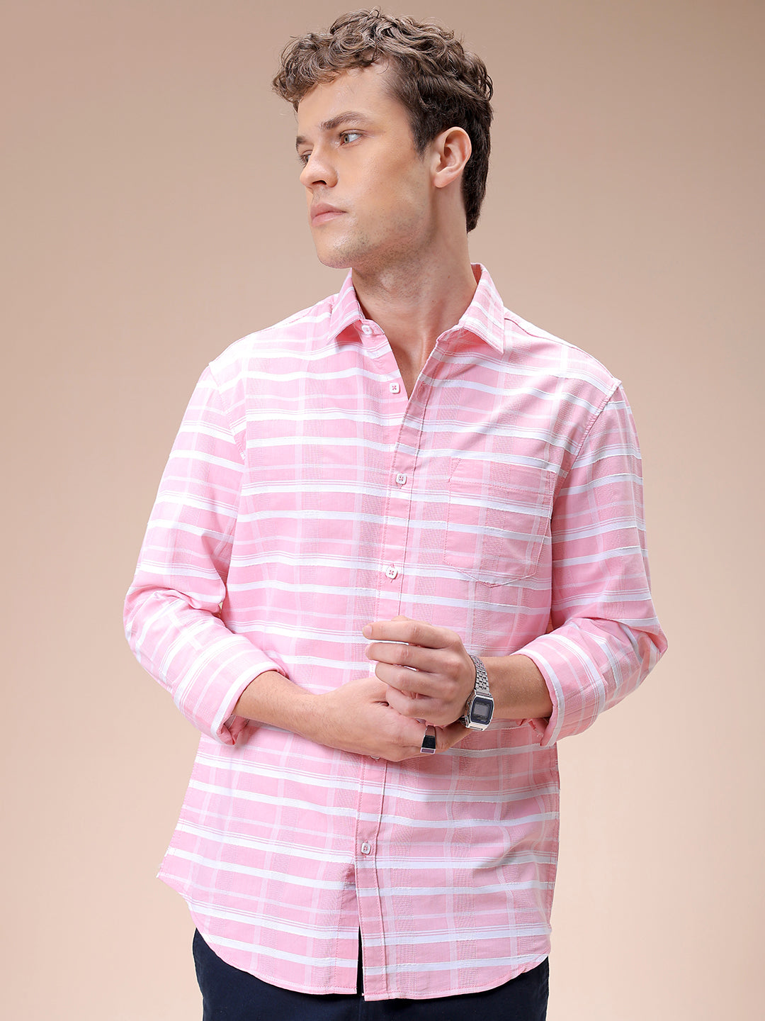 Men's Pink Slim Fit Checked Casual Shirt