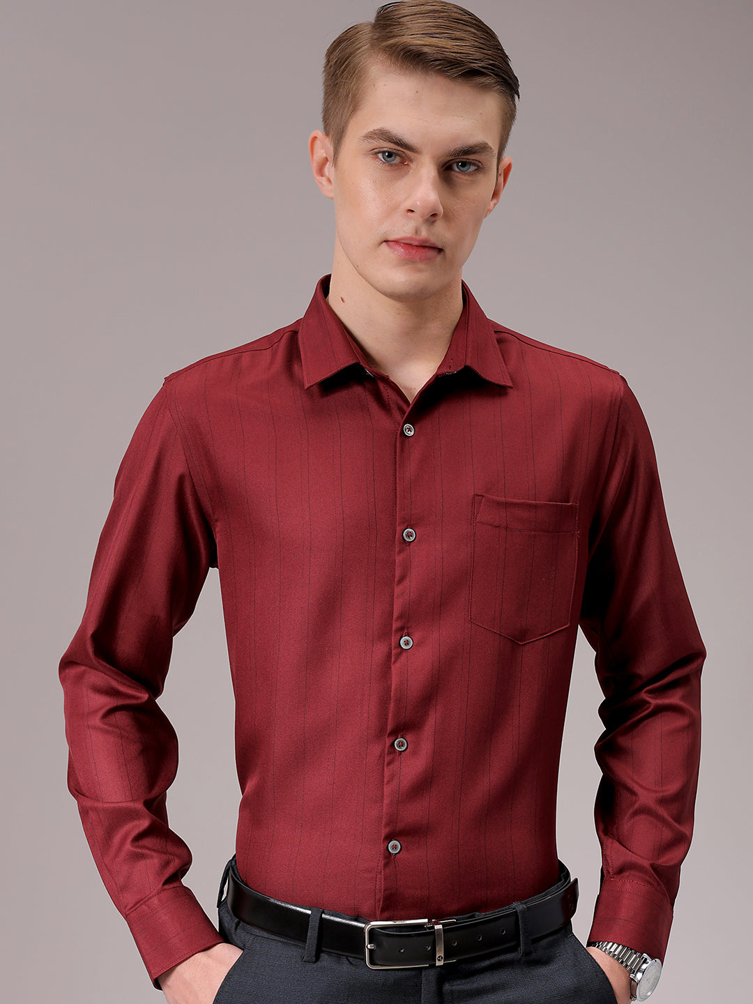 Men's Burgundy Slim Fit Striped Formal Shirt