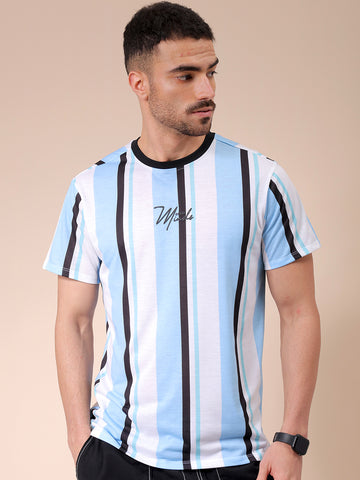 Men's Blue Slim Fit Striped Round Neck T-shirt