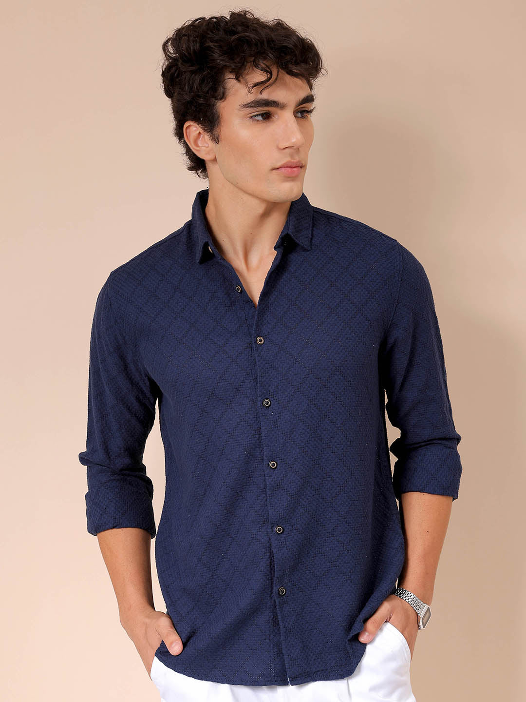 Men's Blue Regular Fit Textured Resortwear Shirt