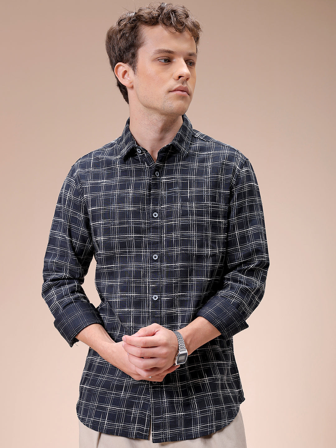 Men's Black Slim Fit Checked Casual Shirt