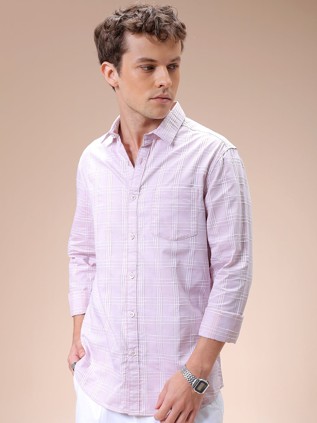 Men's Pink Slim Fit Checked Casual Shirt