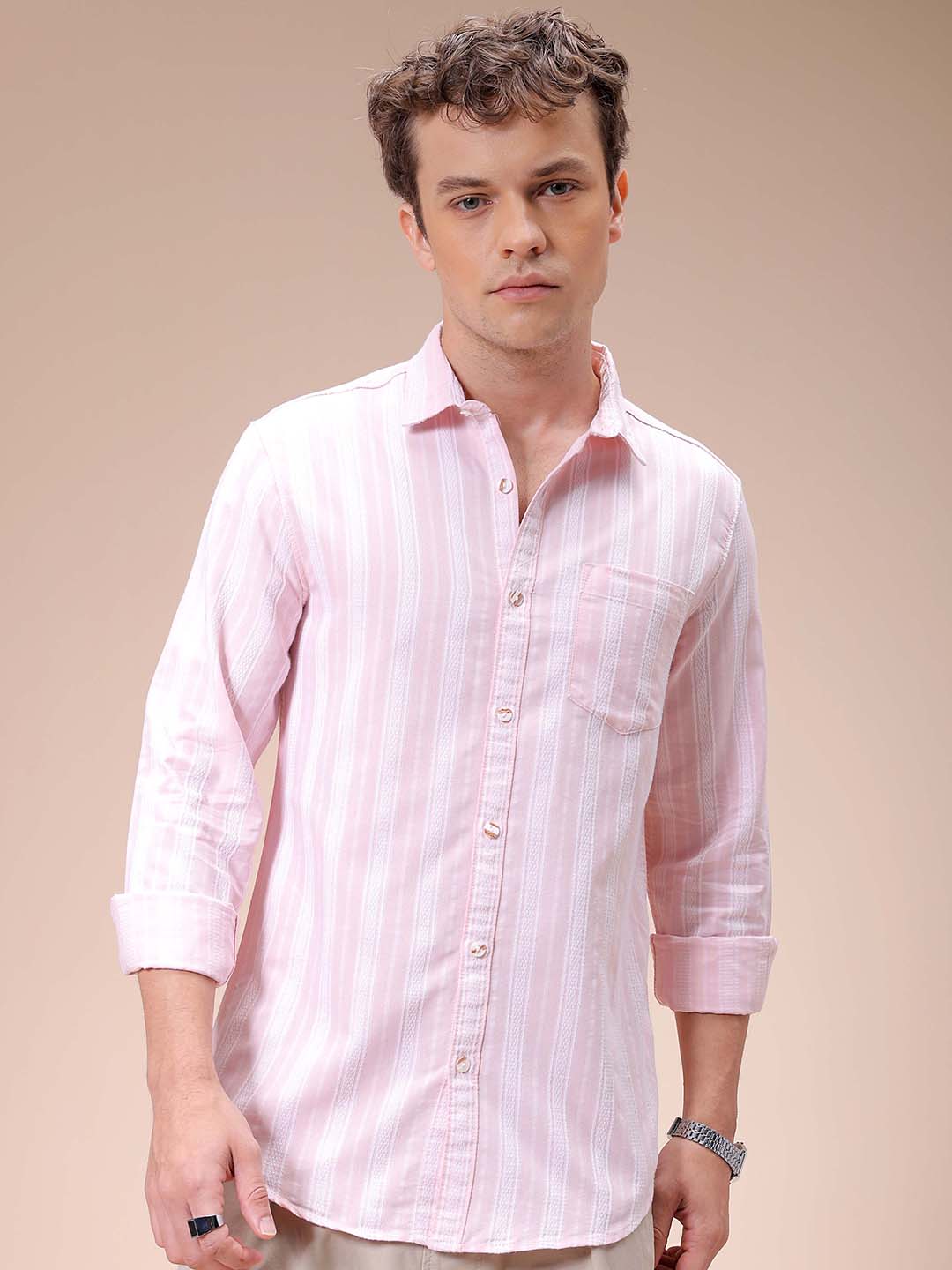 Men's Pink Slim Fit Striped Casual Shirt