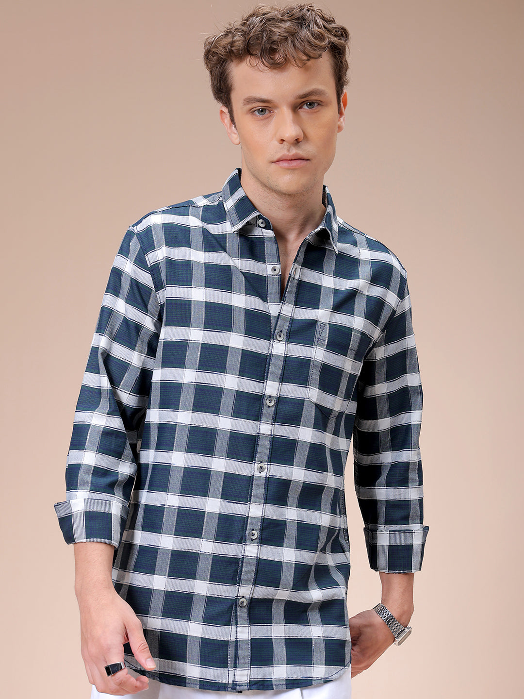 Men's Olive Slim Fit Checked Casual Shirt