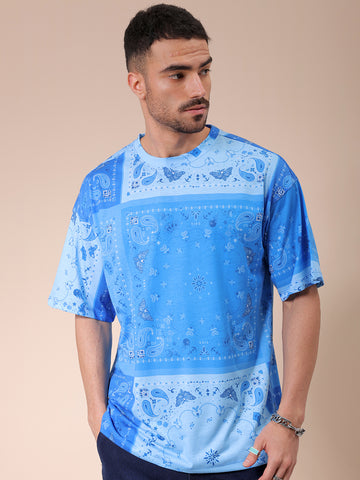 Men's Blue Oversized Paisley Printed Round Neck T-shirt