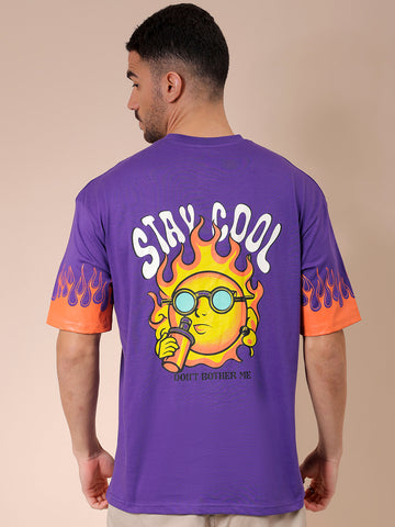 Men's Purple Boxy Oversized Graphic Back Printed Round Neck T-shirt
