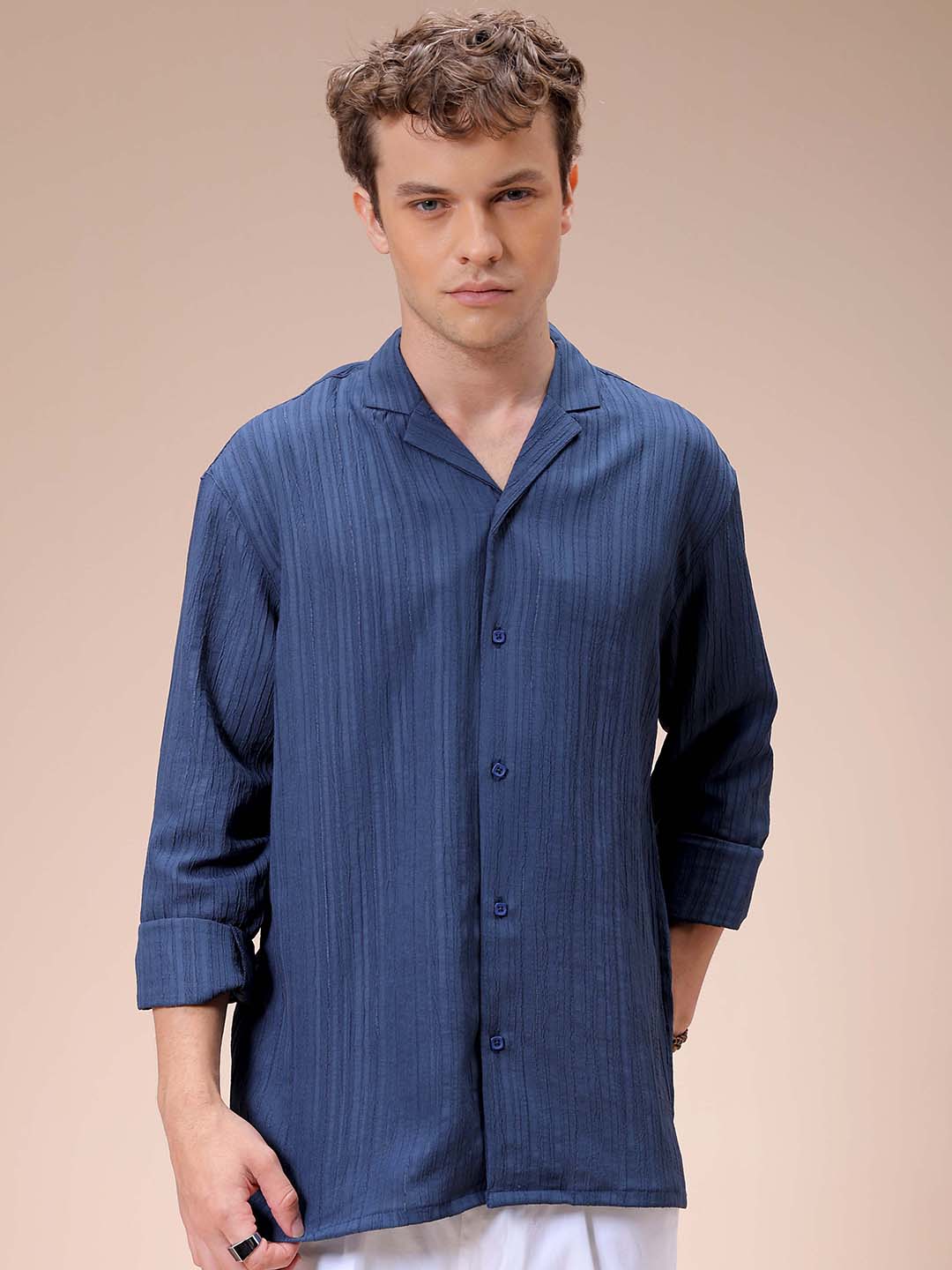 Men's Blue Relaxed Fit Textured Resortwear Shirt