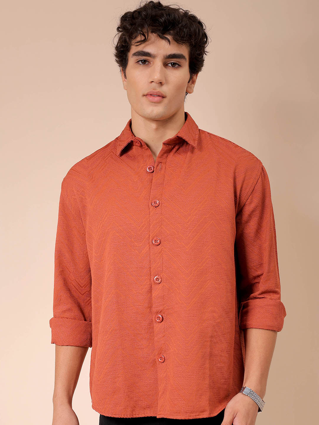 Men's Rust Relaxed Fit Solid Resortwear Textured Shirt