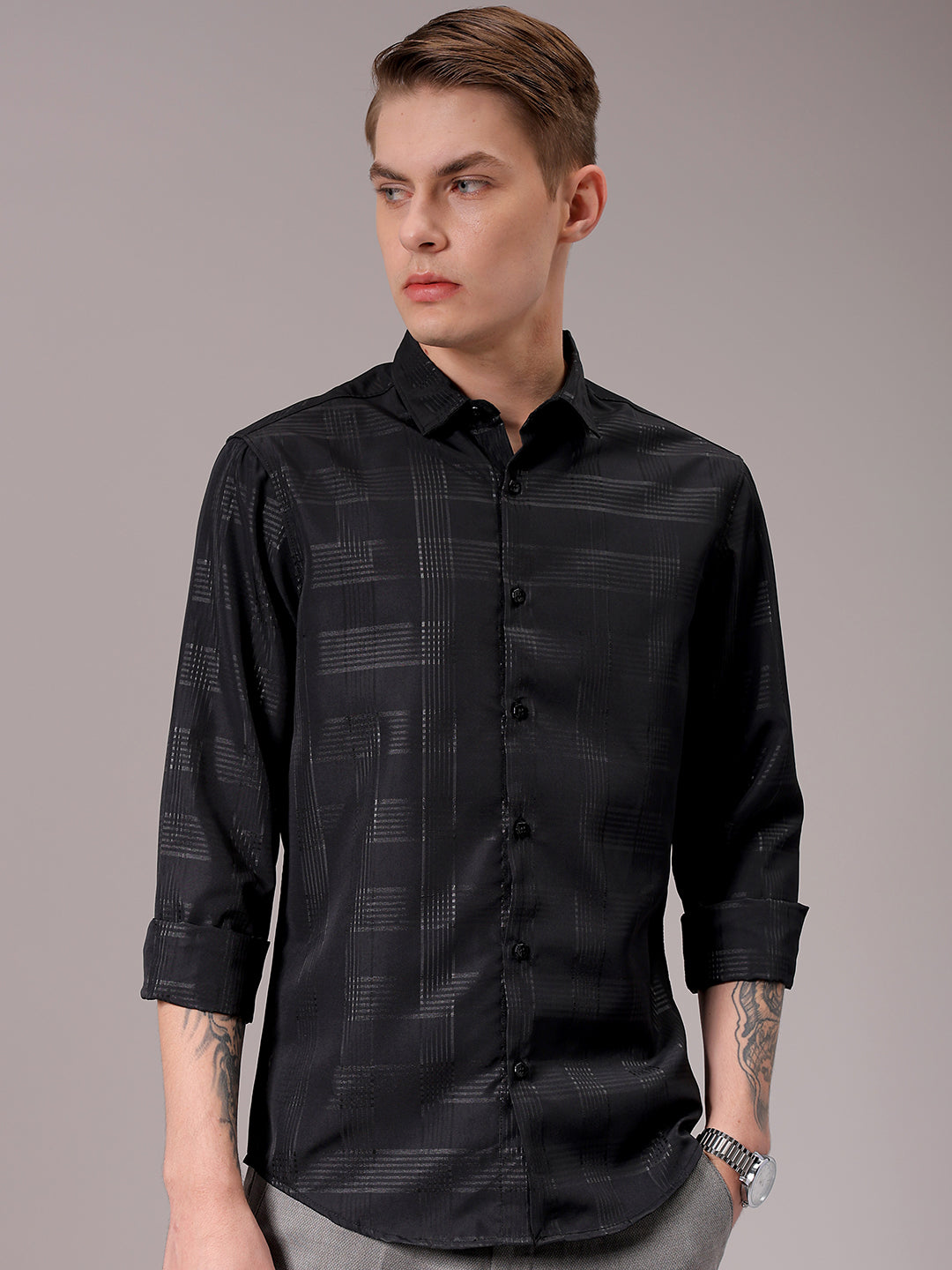 Men's Black Slim Fit Solid Partywear Shirt