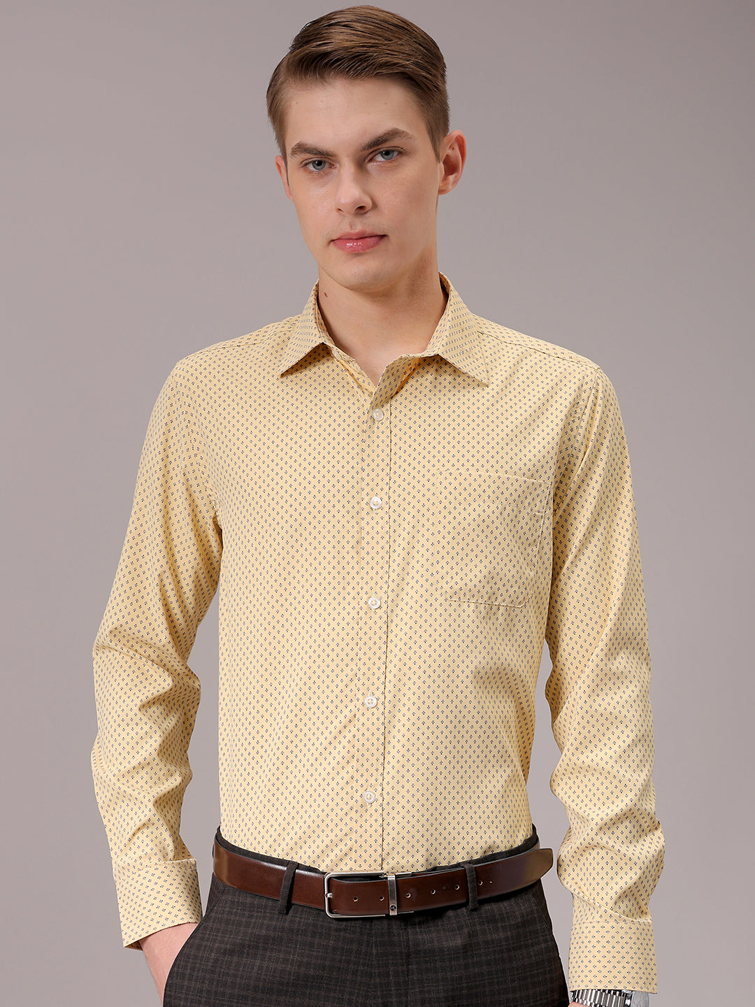 Men's Yellow Slim Fit Ditsy Formal Shirt