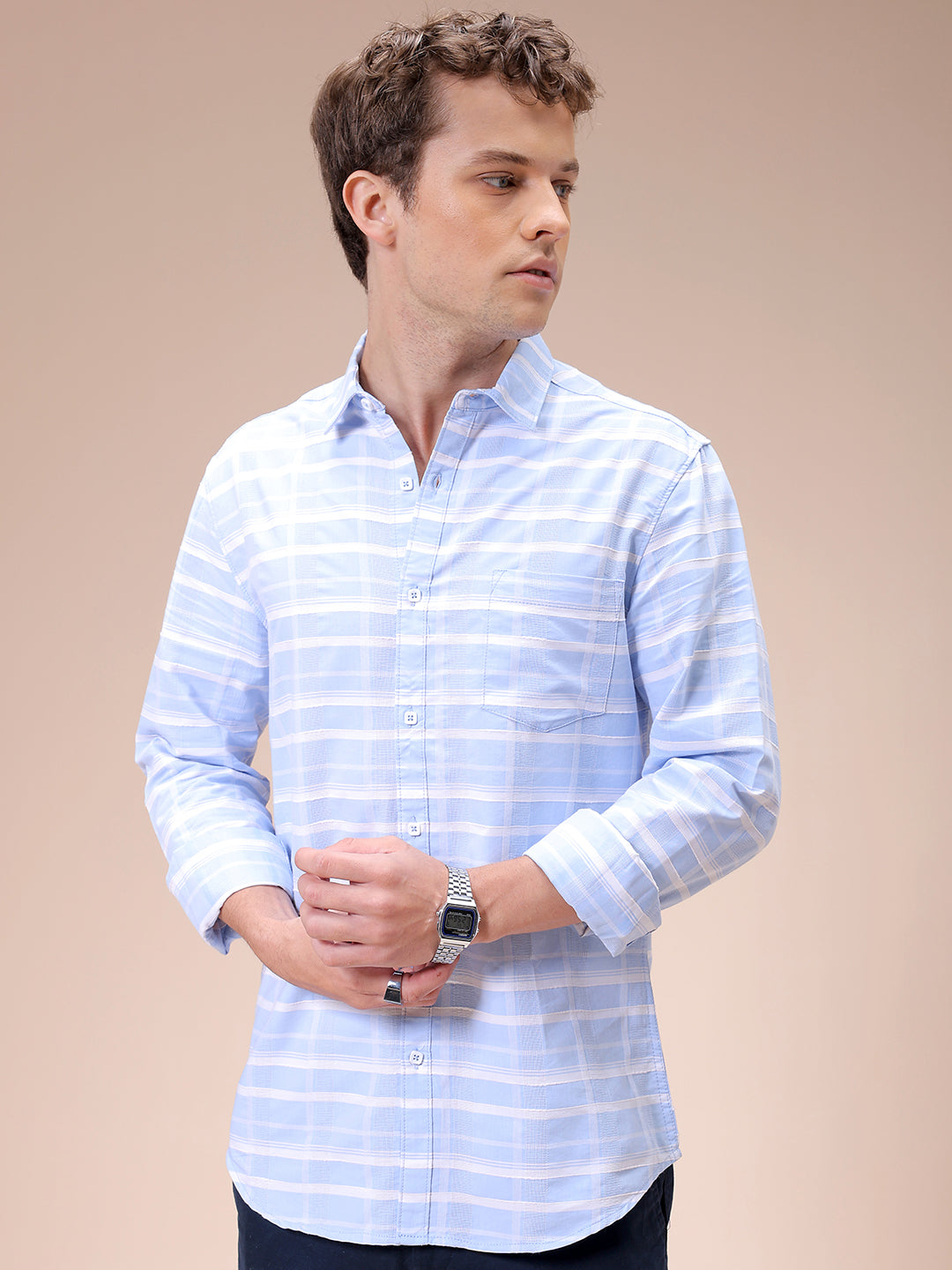 Men's Blue Slim Fit Checked Casual Shirt