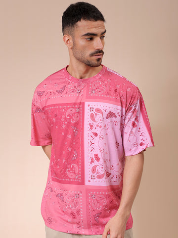 Men's Pink Oversized Paisley Printed Round Neck T-shirt