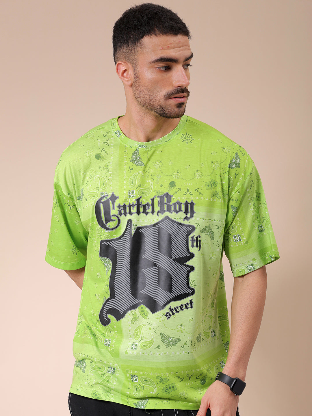 Men's Green Oversized Paisley Printed T-Shirt