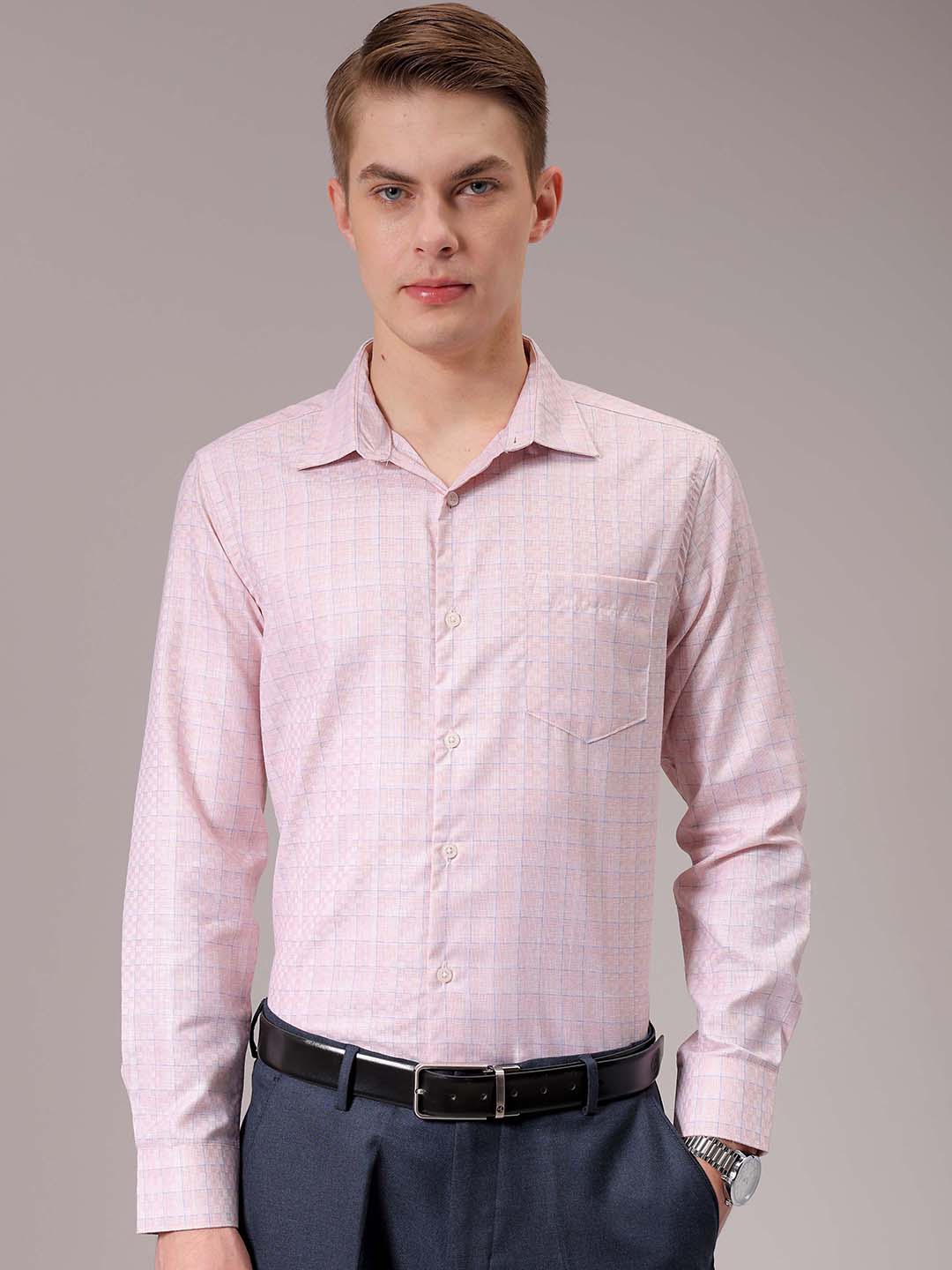 Men's Pink Slim Fit Checked Formal Shirt