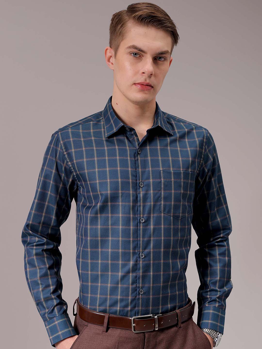 Men's Teal Slim Fit Checked Formal Shirt