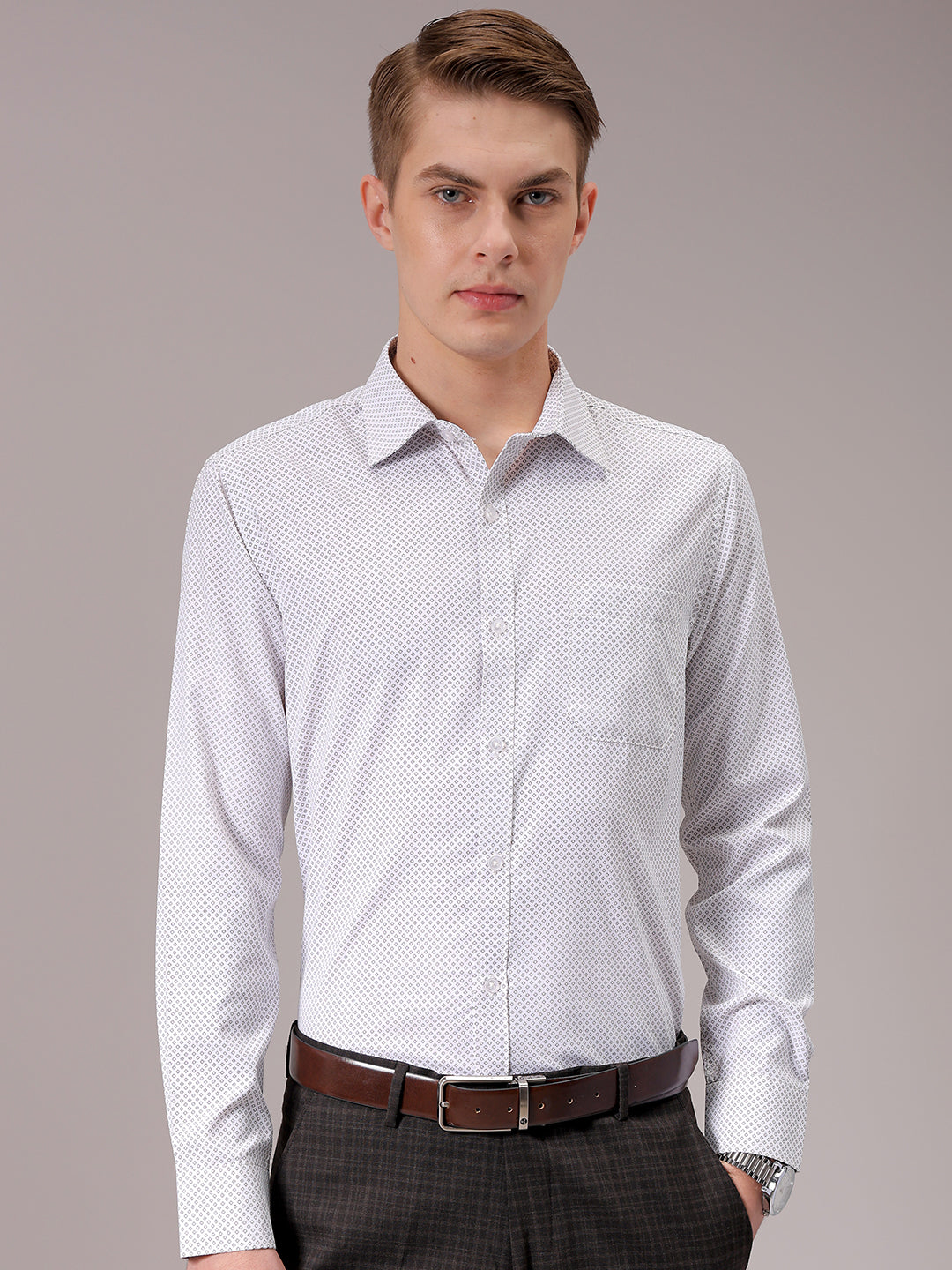 Men's Beige Slim Fit Ditsy Formal Shirt