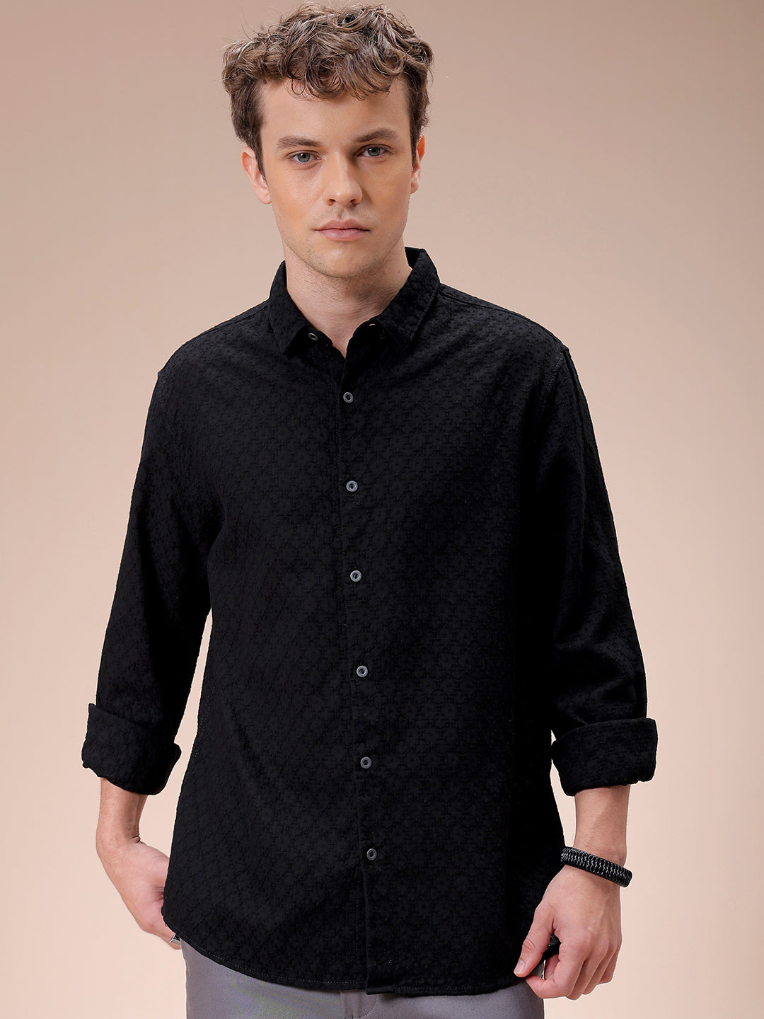 Men's Black Regular Fit Textured Resortwear Shirt