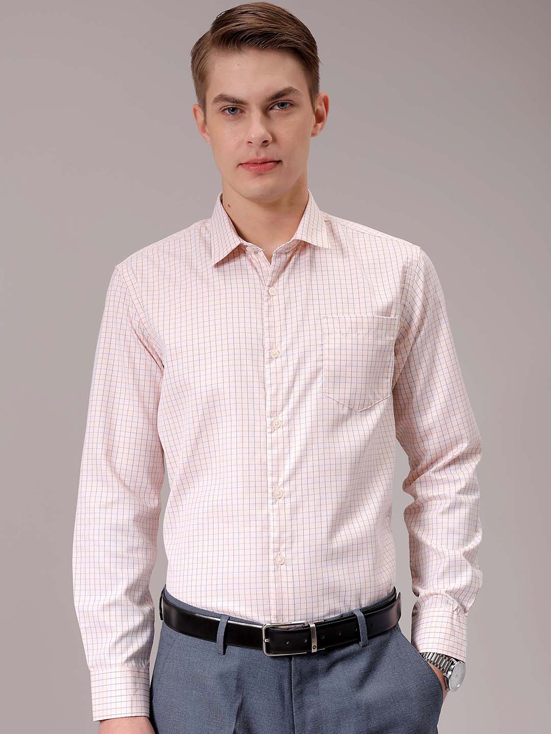 Men's Beige Slim Fit Checked Formal Shirt