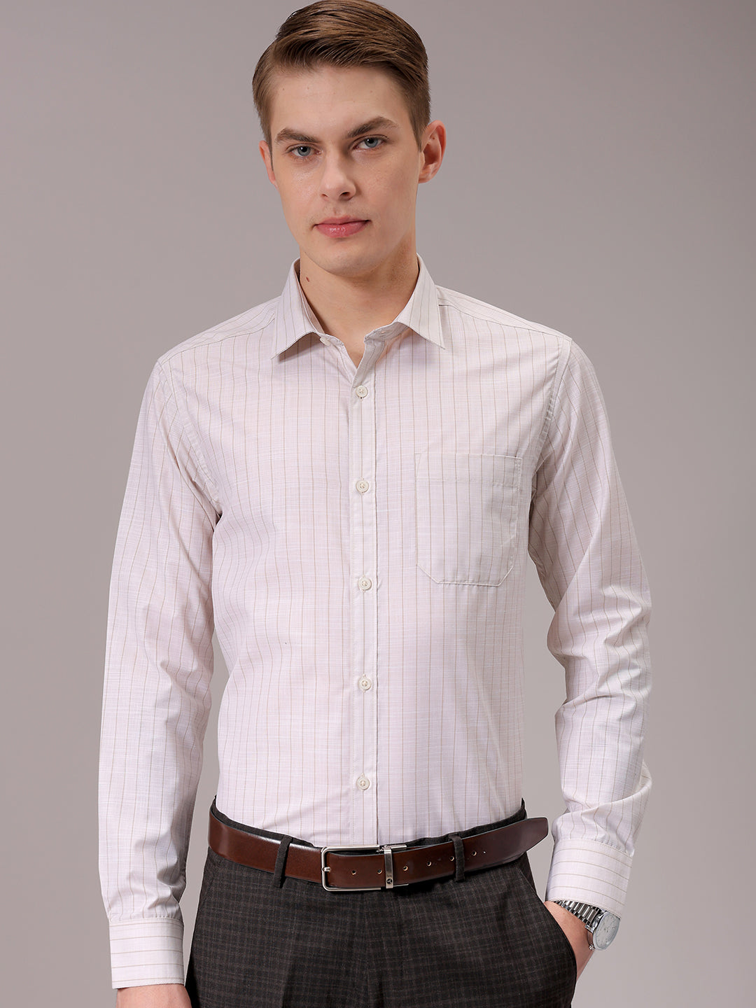 Men's Beige Slim Fit Striped Formal Shirt