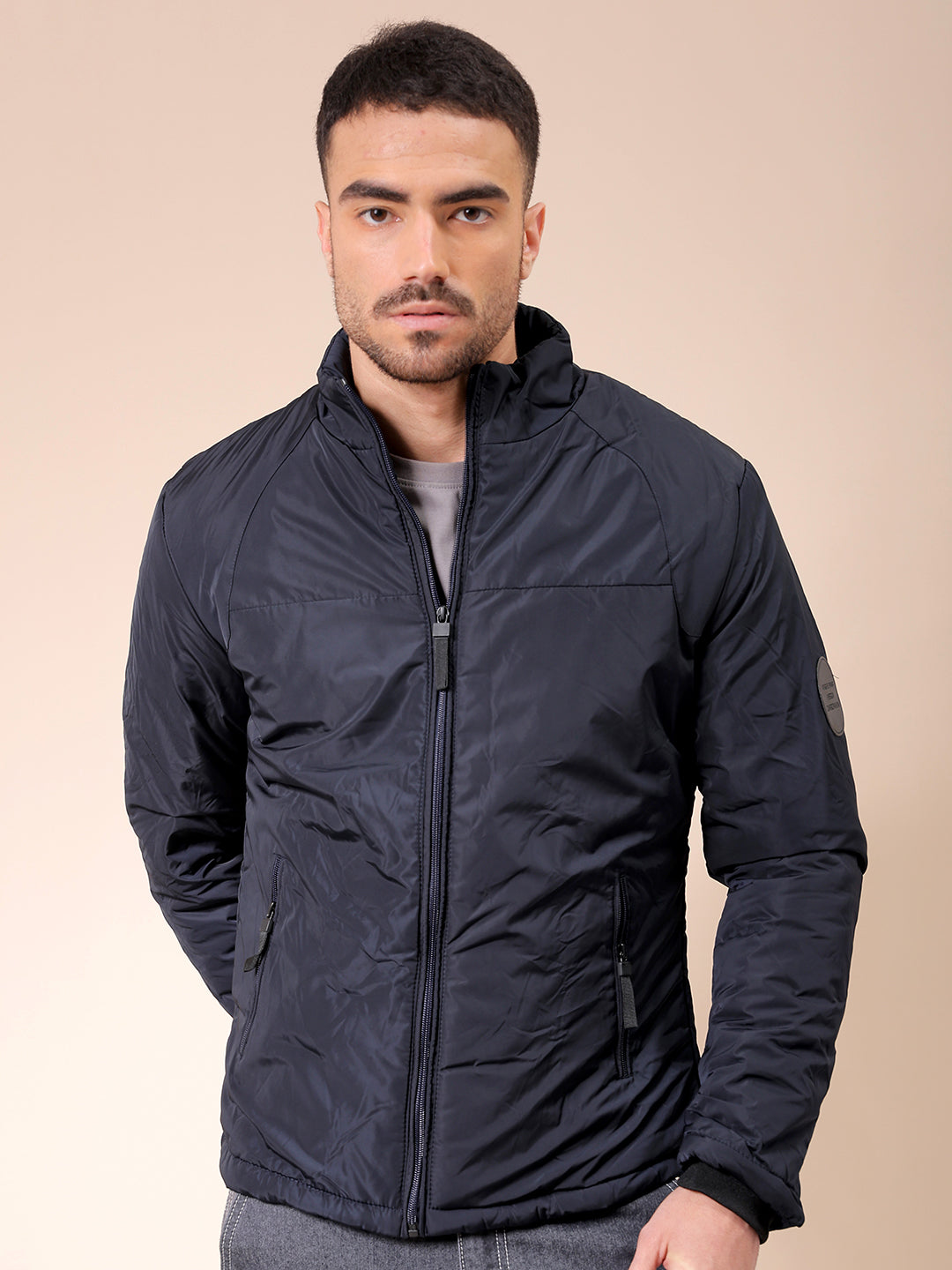 Men's Navy Slim Fit Solid Casual Jackets