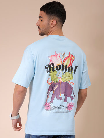 Men's Blue Boxy Oversized Graphic Back Printed Round Neck T-shirt