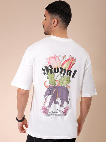 Men's White Boxy Oversized Graphic Back Printed Round Neck T-shirt