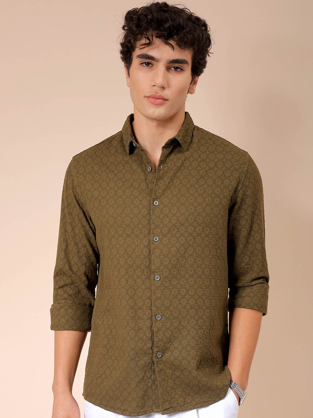 Men's Olive Regular Fit Textured Resortwear Shirt