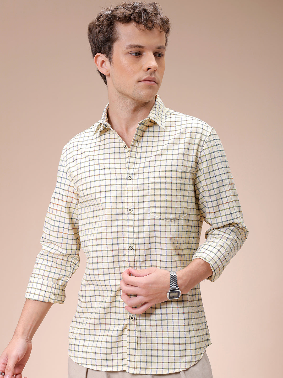 Men's Yellow Slim Fit Checked Casual Shirt