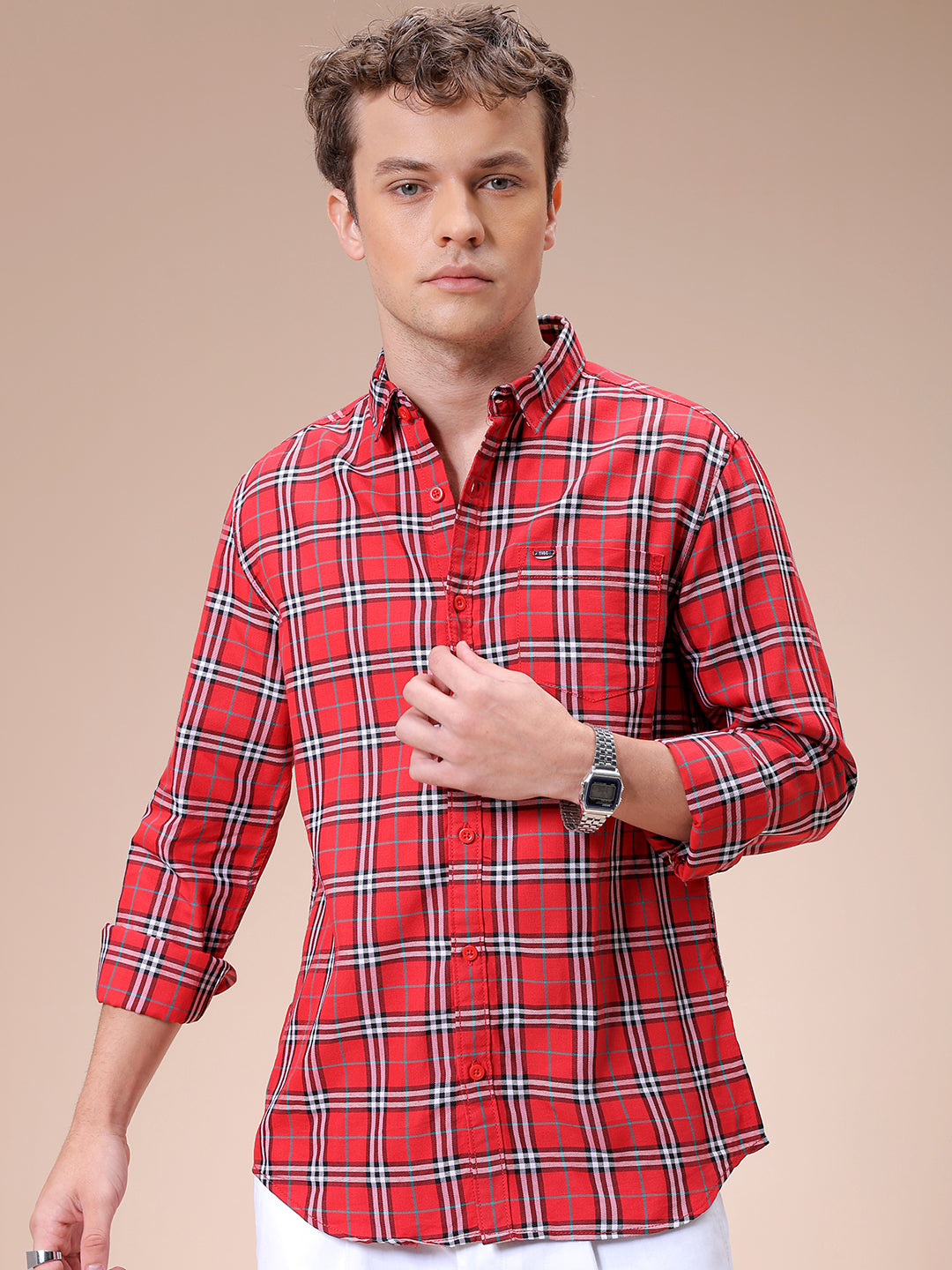 Men's Red Slim Fit Checked Casual Shirt