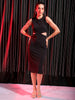 Women's Black Fitted Textured Round Neck Cut Out Dress