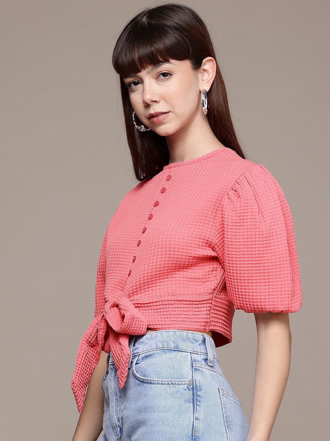 Freehand by The Indian Garage Co Women Regular Fit Textured Designer Back Tie Up Top