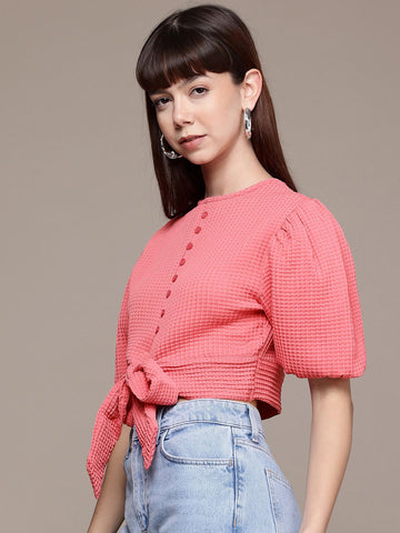 Freehand by The Indian Garage Co Women Regular Fit Textured Designer Back Tie Up Top
