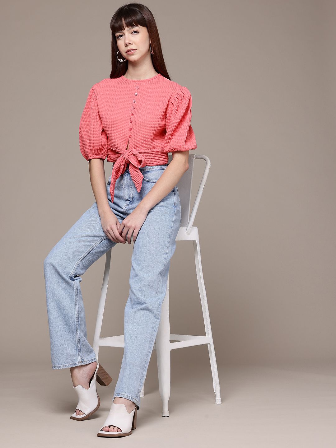 Freehand by The Indian Garage Co Women Regular Fit Textured Designer Back Tie Up Top