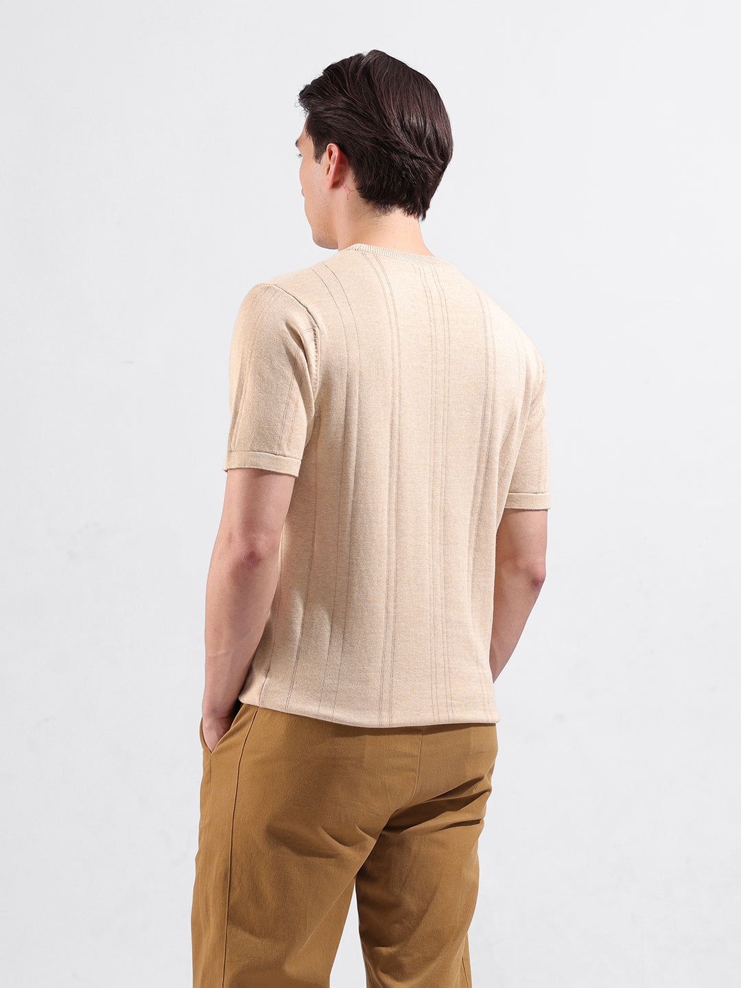 Men's Beige Slim Fit Textured Flat Knit Polo Collar T-Shirt
