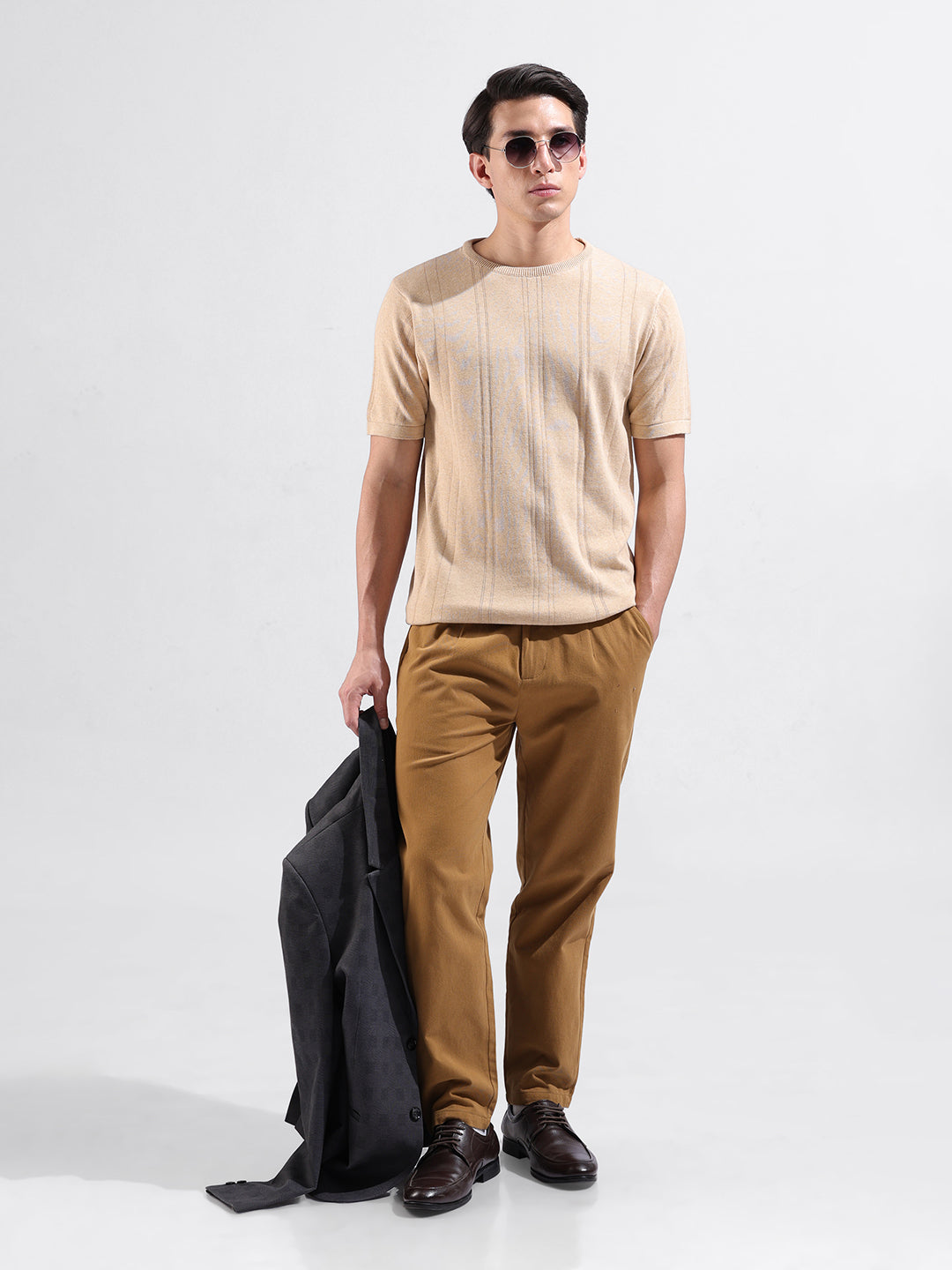 Men's Beige Slim Fit Textured Flat Knit Polo Collar T-Shirt