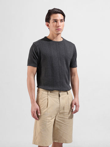 Men's Grey Slim Fit Textured Flat Knit Polo Collar T-Shirt
